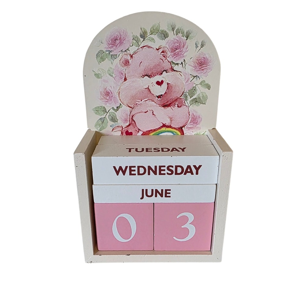 Care Bears Pink Wooden Perpetual Calendar - Retro Cheer Bear Block Desk Decor